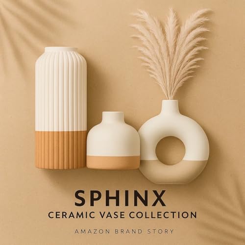 Image of SPHINX Modern Ceramic Vase Set of 3 | Ribbed 6 Inch Vase, Donut 6 Inch & 4 Inch Small Vase | Neutral Cream Sand Design | Home Decor, Table Decor, Flowers, Pampas