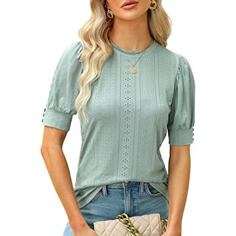 BMJL Womens Dressy Casual Blouses Business Tops Short Sleeve Shirts Work Tops Cute Puff Sleeve Blouses(Green,M) Cover