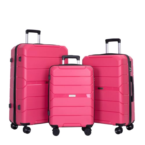 Travelhouse 3 Piece Luggage Set Hardshell Expandable Suitacese with Spinner Wheel TSA-Approved Carry-Ons Luggage rose red 3 Piece