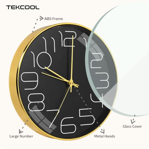 Image of TEKCOOL Plastic Digital Wall Clock 12 inch Silent Quartz Decorative Non-Ticking Classic Clock Battery Operated Round Easy to Read for Room /Home /Kitchen /Bedroom /Office /School-(Black Gold)'