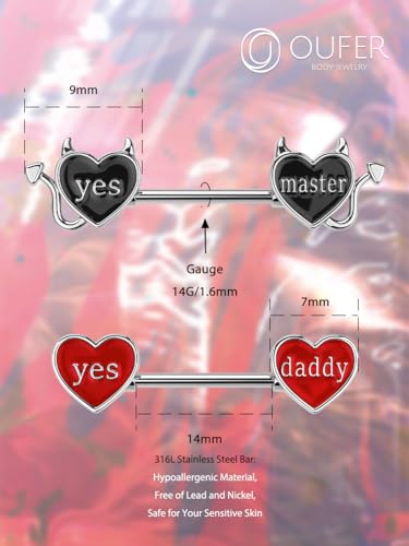 OUFER Devil Nipple Rings 4PCS 316L Letter Stainless Steel Nipplerings Barbells Nipple Piercing Jewelry for Women4
