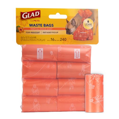 Image of Glad for Pets Dog Waste Bags, Scented, Tear-Resistant and Leak Resistant, 16 Rolls, Heavy Duty Poop Bags for Easy Waste Cleanup, Tropical Breeze Scent, 240 Total Bags