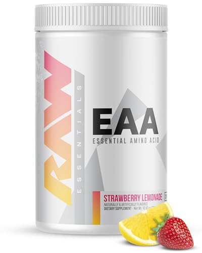 RAW EAA Amino Acids Powder Strawberry Lemonade (25 Servings) - Pre Workout Amino Energy Powder for Strength Endurance Recovery & Lean Muscle Growth - BCAA Amino Acids Supplement for Men & Women
