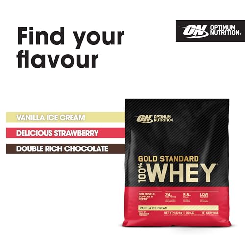 Optimum Nutrition Gold Standard 100% Whey Muscle Building and Recovery Protein Powder With Naturally Occurring Glutamine and BCAA Amino Acids, Vanilla Ice Cream Flavour, 151 Servings, 4.53 kg - Image 6