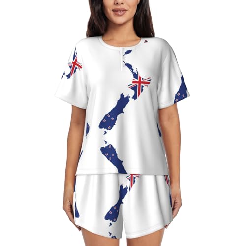 HDSKFNS Damen-Pyjama, zweiteilig, bedruckt, Neuseeland-Flagge, kurzärmelig, Nachtwäsche, Loungewear, Schwarz/Weiß, 4XL