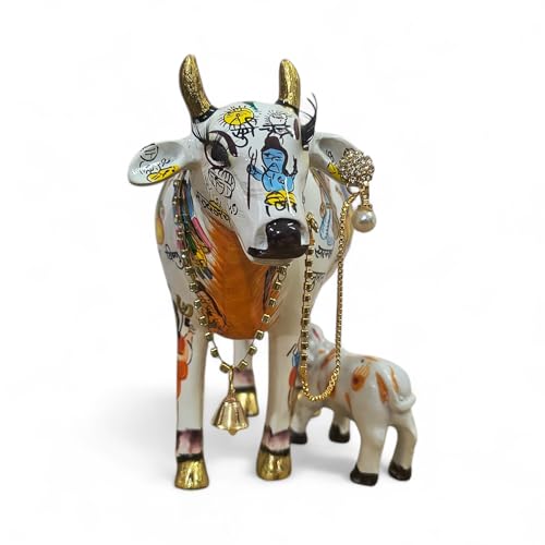 Image of White Kamdhenu Cow with Calf Idol 19cm Marble Finish Handcrafted Polyresin Showpiece Temple Decor Holy Cow Statue Murti for Home Office
