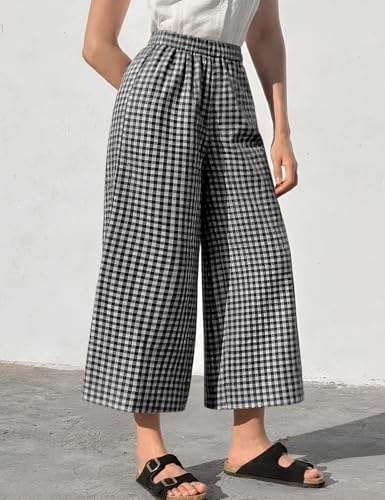 Flygo Women’s Wide Leg Gingham Capri Pants Cotton Elastic Waisted Plaid Palazzo Bottoms Flowy Trousers with Pockets2