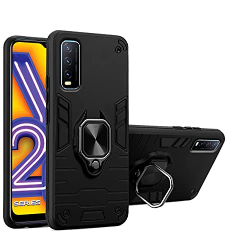 Image of Pikkme D5 Tough Armor Bumper Back Cover Case for Vivo Y20,Vivo Y20i |Ring Holder & Kickstand in-Built (Black)
