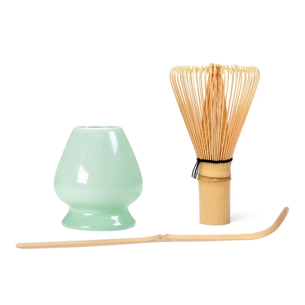 BeauentyMatcha Whisk Set 3 pcs-Handmade Bamboo Whisk and Holder, Tea Scoop (Matcha Stirrer 100 Prong)- Traditional Japanese Matcha Kit, Ceramic Whisk Holder for Japanese Tea Ceremony (Green)