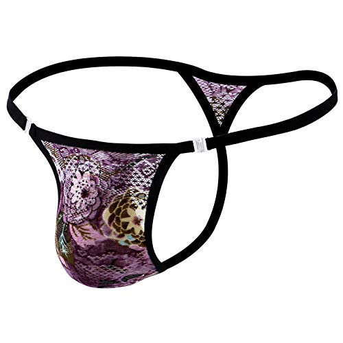 Men Thongs G String Print Floral Sexy Quick-Dry Supporter Workout Bulge Pouch Breathable Stretch Wicking Fashion Panites Purple