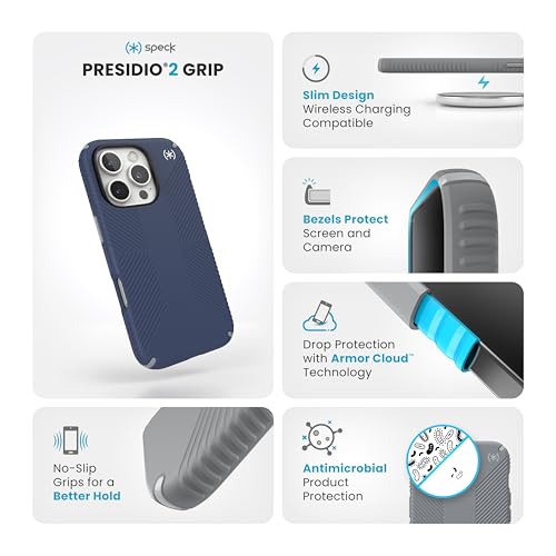 Image of Speck Blue iPhone 16 Pro Case - Slim Phone Case iPhone 16 Pro - iPhone 16 Pro Phone Case - Presidio 2 Grip - Coastal Blue /Dust Grey