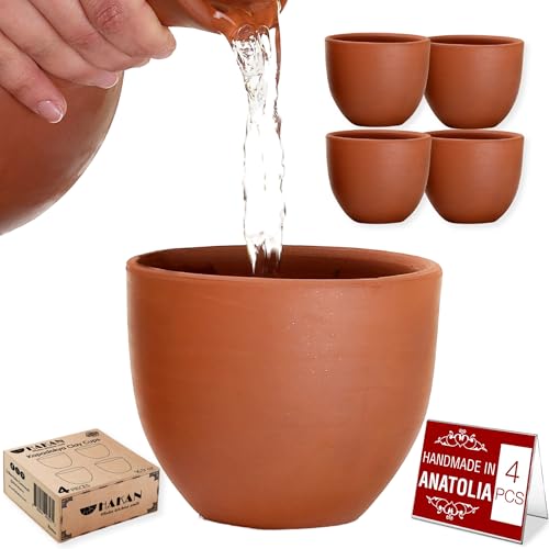 Hakan Kapadokya 16.9 oz, 4 Pcs, Handmade Pottery Mug Set of 4, Clay Cups for Beverages, Earthenware Flower Pot, Unglazed Clay Bowls, Drinking Cups for Decoration