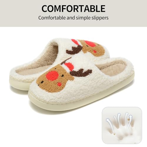 Women Christmas Reindeer Holiday Slippers：Moose Cute Cartoon Elk Fuzzy Warm House Men Xmas Winter Soft Cozy Slippers2