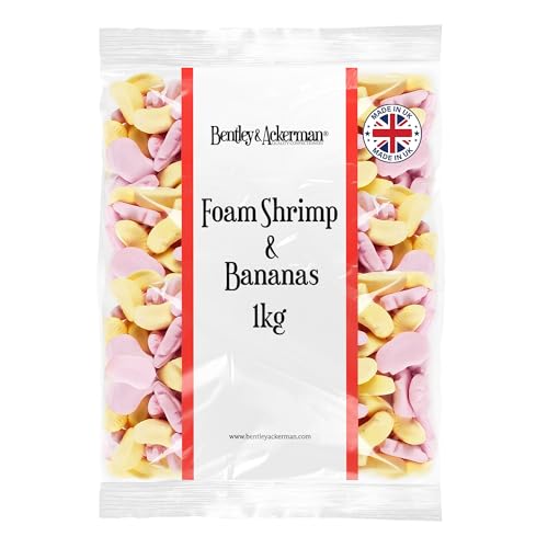 Original Foam Shrimps And Banana Sweets - 1kg Bulk Bag - Retro Pick & Mix Parties & Sharing. Bentley & Ackerman Sweet Shop.
