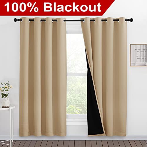 Image of NICETOWN Living Room Completely Shaded Draperies, Privacy Protection & Noise Reducing Ring Top Drapes, Black Lined Insulated Window Treatment Curtain Panels(Biscotti Beige, 2 Pieces, W55 x L78)