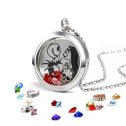 Azneck 30Mm Jack And Sally Nightmare Before Christmas Necklaces Halloween Locket Kids Floating Charms Pendant Gifts For Women Girls Men Boys Birthstone Jewelry(M3) #TOP2