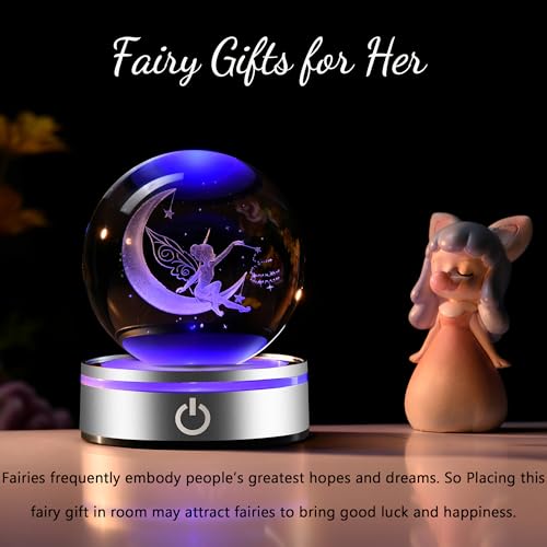 Image of IFOLAINA Moon Fairy Crystal Ball 3D Laser Engraved Fairy Glass Ball Fairy Night Light Decorative Globes 3D Crystal Moon Sphere Fairy Gifts for Girl Her Fairy Lover