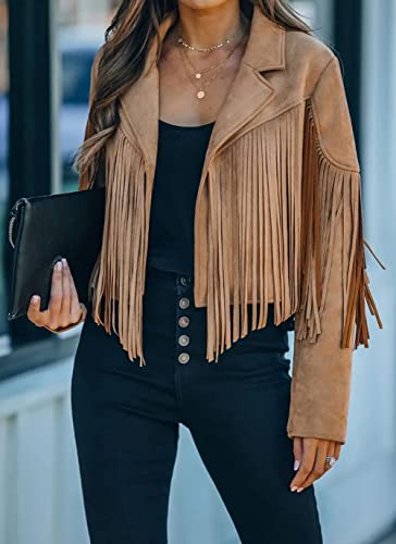 Yoeasy Women Faux Suede Leather Tassel Coat Lapel Long Sleeve Motorcycle Short Fringe Jacket (Medium,Camel) #TOP1