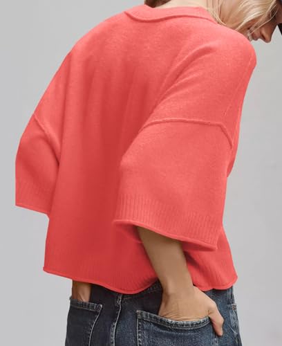 ZDC Women's Oversized Sweaters 3/4 Sleeve Casual Cropped Tops Lightweight Loose Fit Knit Pullover3