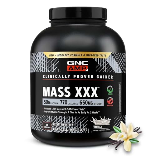 GNC AMP Mass XXX, Clinically Proven Weight Gainer Protein Powder, Improves Strength and Size, 780 Calories, 50g Protein, Micronized Amino Acids, Creatine, Betaine, Vanilla, 13 Servings, 6 Pounds