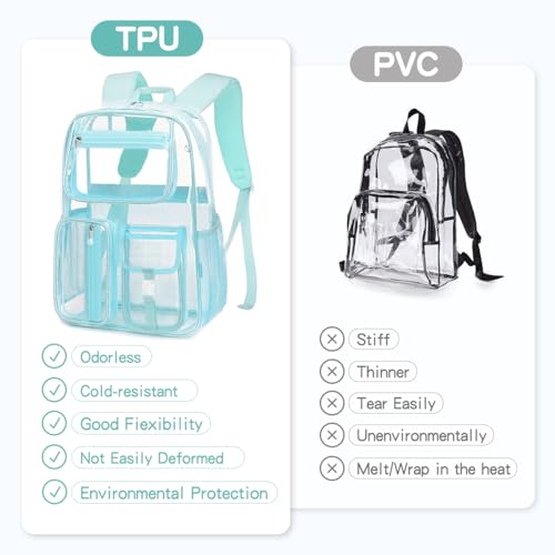 Image of Clear Backpack Heavy Duty For Stadiums Events,Light Blue 16inch TPU BookBag | See Through Plastic Stitch Durable Design 6-Pocket For School Boys Adults work Airport Quick Security,Large capacity backpack