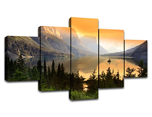 USÂ Montana St. Mary Lake Wall Decor Glacier National ParkÂ Sunset Wild Goose Island Landscape Wall Art Picture Canvas Print Poster Painting Framed Bedroom Ready to Hang(60''Wx32''H)