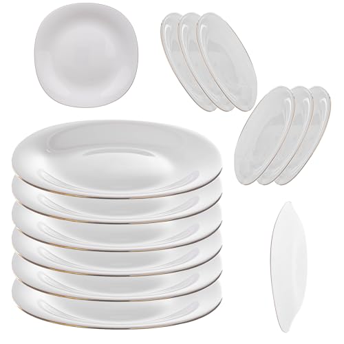 KADAX Assiettes à dessert blanches avec bord doré, set de vaisselle en verre renforcé, assiettes modernes pour le petit-déjeuner, assiettes plates pour...