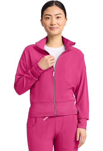 Med Couture Scrub Jackets for Woman Cropped Warm Up Jacket with 2 Pockets, Moisture Wicking Fabric & 360° Stretch - MC303, M, Pink Power