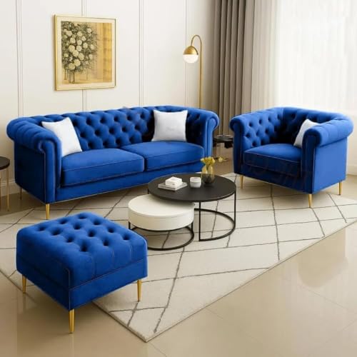 Image of Classic 3+1= 4 Seater with Footrest Seater Sofa Set Luxury Chesterfield Modern Fahionalable Sleeper Sofa for Living Room, Dining Room, (Blue A1)