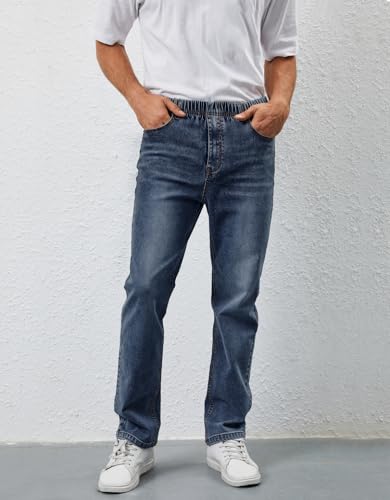 Mens Elastic Waist Jeans Relaxed Fit Stretch Denim Pants Straight Leg Jean with Zipper4