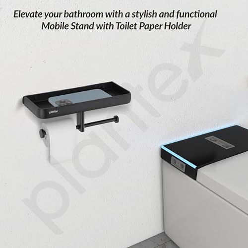 Image of Plantex Self Adhesive Aluminium Dual Toilet Paper Holder for Bathroom /Tissue Paper Roll Holder with Mobile Stand /Toilet Paper Roll Holder /Bathroom Accessories - (Black)