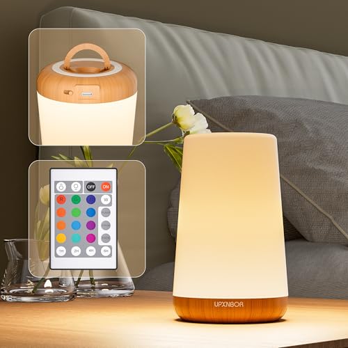 UPXNBOR LED Nachttischlampe mit Fernbedienung, Dimmbar mit 13 RGB Farben & 4 Modi, Tischlampe Kabellos mit Timer & Haken, USB Aufladbar, Tragbares Nachtlicht für Schlafzimmer, Kinderzimmer, Wohnzimmer