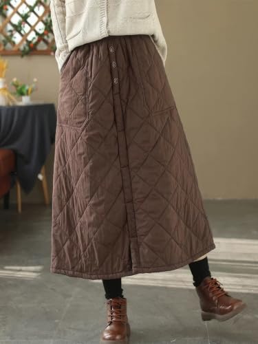 ebossy Women's Puffer Quilted Skirt Winter Insulated Warm High Waist Front Split Long Down Skirt with Pockets3