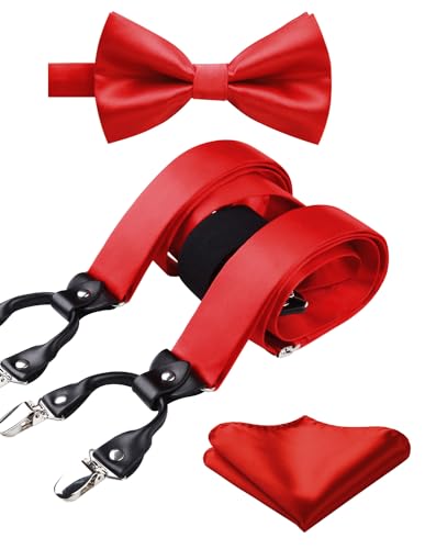 HISDERN Suspenders for Men Adjustable Red Bowtie & Suspenders Pocket Square Sets Handkerchief Y Shape 6 Clips Tuxedo Formal Wedding Party Braces