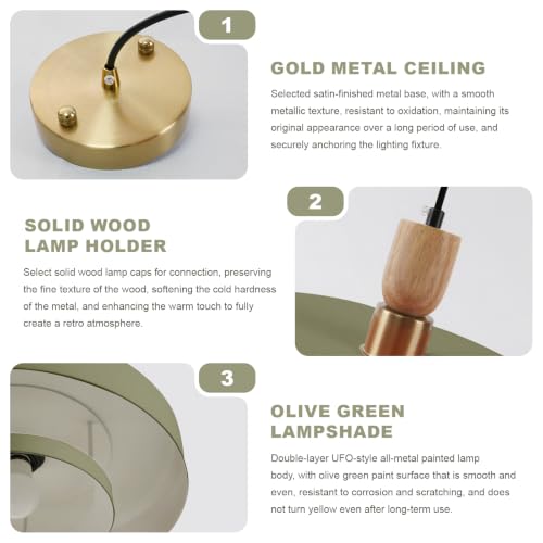 Image of Olive Green Industrial Pendant Light Mid Century Chandelier | Vintage 1-Light Hanging Fixture with Wood Accent 180cm Adjustable Cord E26 Base for Kitchen Island Bar Dining Room