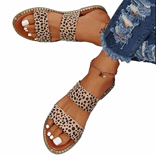 OMIREL Leopard Print Leather Wedge Soft Sole Sandal Leopard Print Sandals Mules Slip on Shoes Sandals for Women Open Toe Slippers Comfortable Beach Shoes,Leopard,US7/EU38
