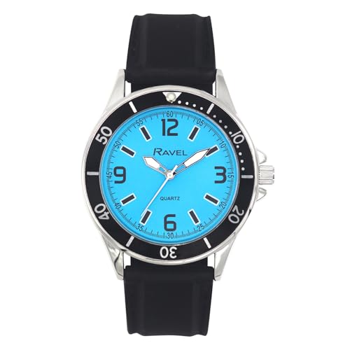 Ravel - Men's Sporty Black Silicon Strap Watch with Top Ring on Silver Tone Case - Analogue Quartz - RS002.06 - Blue Dial