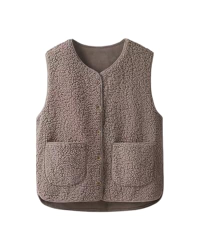 HUVZOR 1 chaleco de piel de oveja para mujer, chaleco de pelo sin mangas cálido para otoño/invierno, chaleco de piel con cuello en V y botones para mujer, caqui, talla M