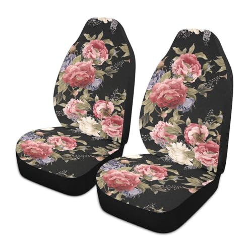 LONSANT Dark Vintage Floral Flowers Print Car Seat Covers Set of 2,Seamless Floral Pattern with Peonies Watercolor Universal Auto Front Seat Protector for Women Cute Car Accessories Fit for Car Truck