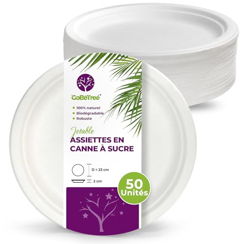 GoBeTree 50 assiettes jetables rondes en bagasse de canne à sucre blanches de 23 cm. Assiettes en papier jetables extra-résistantes, pour camping,...