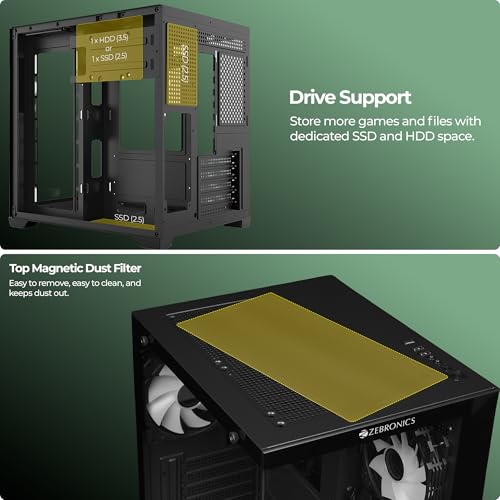 Image of Zebronics Cube Gaming PC Cabinet, 240mm Radiator Support, mATX /ITX Compatibility, 270 Tempered Glass, Magnetic Dust Filter, Bottom PSU Mount, Clean Dual Chamber Layout (Mercury 15, Black)