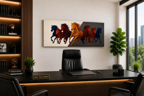 Image of 7 Horse Vastu Sunrise Canvas Painting | Positive Energy Wall Decor | Big Size Premium Running Horses Artwork for Home, Office & Hall Decoration (Modern, Red Black Horse, 44x20 Inch)