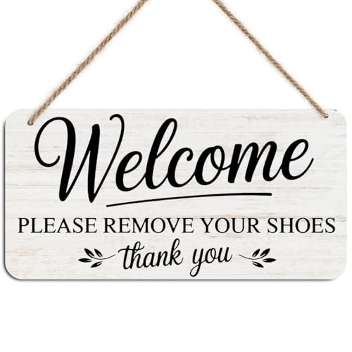 Image of Welcome Please Remove Your Shoes Hanging Wooden Wall Sign Decor, 12x6 Inch | Welcome Please Remove Your Shoes Sign Plaques for Home Accessories, Rustic Take Off Shoes Signs Entryway Decoration 12x6 Inch