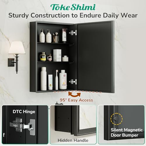 TokeShimi 30 x 26 Inch Black Medicine Cabinet with Mirror for Bathroom Cabinet Recessed/Surface-Mounted, Stepless Adjustable Shelves, Tempered Glass, Beveled Aluminum Frame by TokeShimi - Image 4