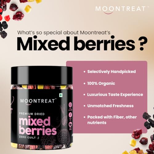 Image of Moontreat Premium Mixed Berries, Unsalted, 360 gm (Dried Blueberry, Cranberry, Black Currant, Strawberry, Cherry, Mango, Raisin) | Dried Berries | Antioxidant Rich | Healthy Snack for Kids and Adults