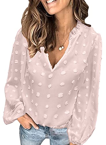 Dokotoo Womens V Neck Boho Tops and Blouses Chiffon Swiss Dot Pom Pom Solid Tunic Long Sleeve Shirts Ladies Loose Fit Pompom Blouse Top Medium Pink