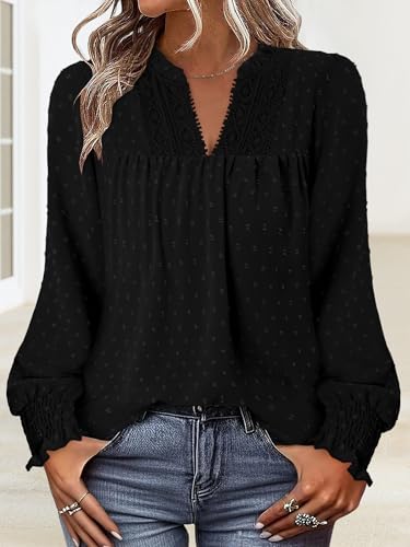 BETTE BOUTIK Women Boho Long Sleeve Shirts Dressy Casual V Neck Fall Fashion Tops Swiss Dot Flowy Blouses