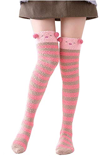 Image of Hotmiss Womens Thigh High Fuzzy Socks Cute Over the Knee Stockings Winter Warm Stripe Leg Warmers