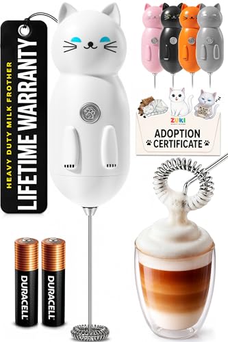 Image of Zulay Kitchen Cat Milk Frother Wand - Cutesy Frother, Meet Your New Frothing Buddy Luna The Cat, Adoption Papers and Stickers Included, Purrr-fect for Lattes, Cappuccino & Matcha - White