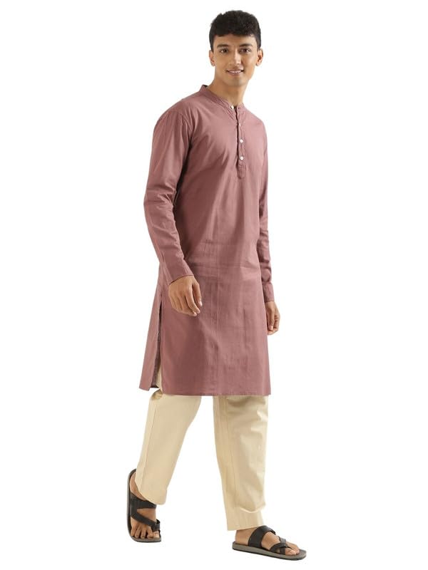 Image of SAADAA Men's Long Kurta - Linen Cotton Blend, Airy Fabric, Regular Fit, Mandarin Collar, Solid Color - Casual, Festive & Ethnic Wear